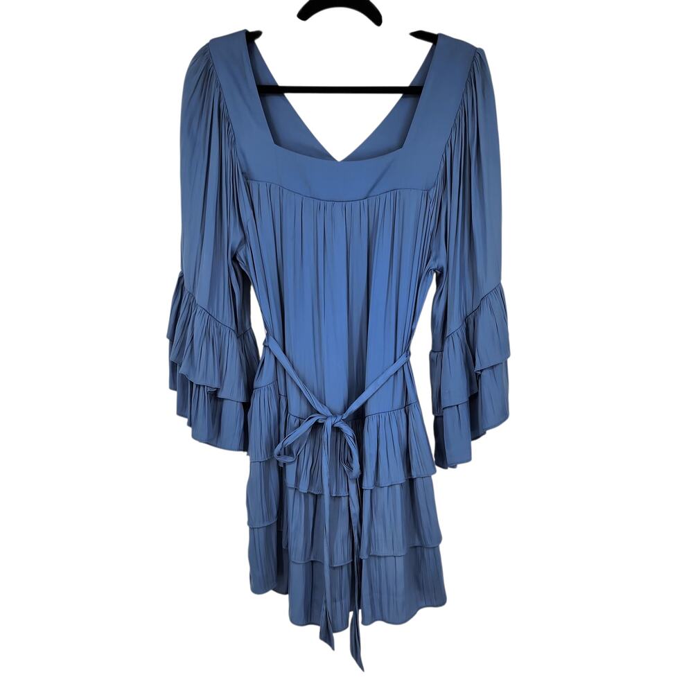NWT Free People Gretta Shiny Blue Ruffle Bell Sleeve Belted Mini Dress Size S